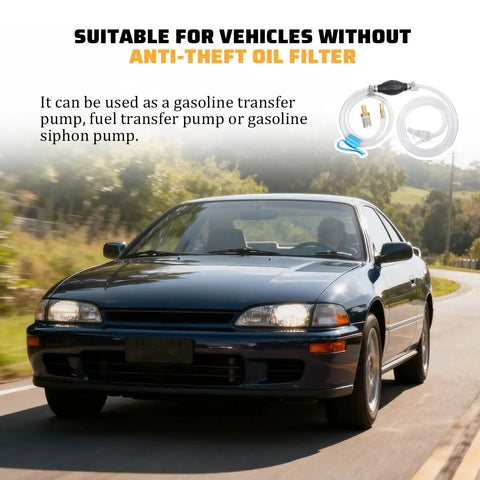 Gasoline Siphon Hose Pump Portable Manual Fuel Transfer Kit For Water And Diesel High Flow Siphon Pump shown next to a car