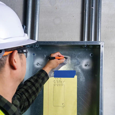 Worker using Skribes Fine Tip Permanent Marker 12 Pack For Worksite And Multi Surface Use Black Ink That Writes On Wet Dry And Oily Surfaces