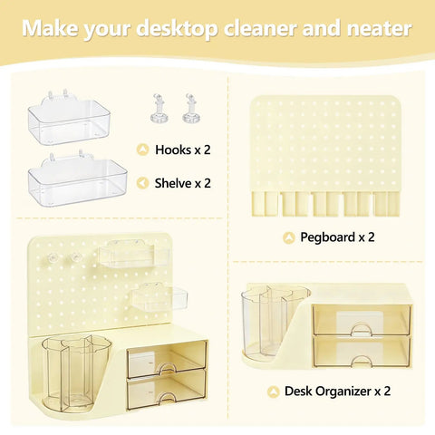 Desk Organizer With 360 Degree Rotating Pen Holder Five Slots Two Drawers Open Top Tray And Pegboard For Office School And Art Supplies Cream Finish Durable Space Saving Caddy