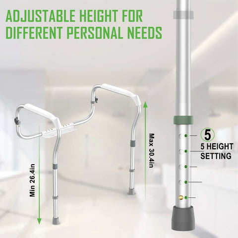 Rock Solid Adjustable Aluminum Toilet Safety Rail For Seniors Delivers Hella Stable Zero Stress Wall Mount showing adjustable height settings.