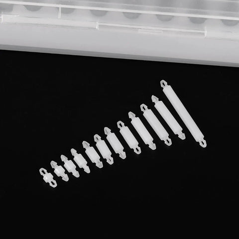 200 Pcs Nylon Double Head Reverse Lock PCB Standoffs 4mm in a row, showcasing different sizes for circuit board assembly.
