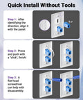 Quick install instructions for Double Female Cat6 RJ45 Keystone Coupler Inline Ethernet Extender with snap-in clip, wall panel view.