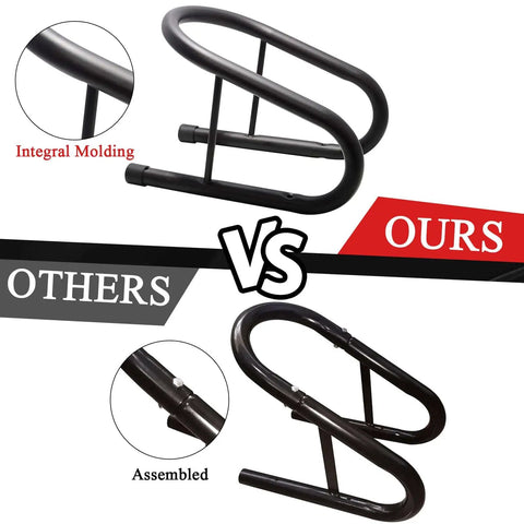 Comparison of Removable Dirt Bike Wheel Chock With Mount Kit, Six And A Half Inch Wide, Ours vs Others, showing construction differences.