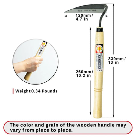 Compact Hand Weeding Sickle For Quick Surface Weed Removal In Narrow Beds And Tight Spaces, twisted blade, wooden handle shown