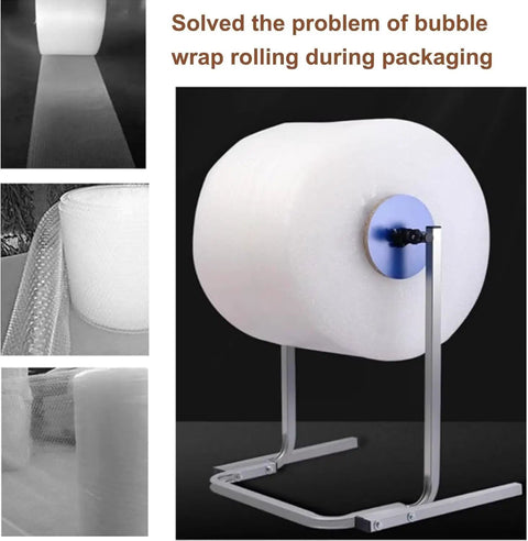 Floorstanding Bubble Wrap Roll Dispenser Heavy Duty Vertical Packaging Stand No Sweat Packing Smooth Operator Film Holder, 59 inches tall, with white bubble wrap.