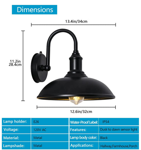 Gooseneck Barn Light Outdoor Fixture With Dusk To Dawn Sensor Black Retro Exterior Porch Garage Light For Patio And Yard Weatherproof Exterior Lighting, dimensions shown