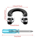 Two Sets Archery D Loop Kit for Compound Bows with Metal U Nock D Ring Buckle and blue screwdriver, dimensions shown.