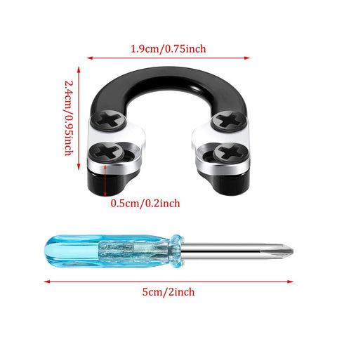 Two Sets Archery D Loop Kit for Compound Bows with Metal U Nock D Ring Buckle and blue screwdriver, dimensions shown.
