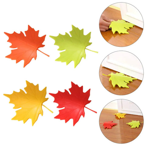 4 Piece Leaf Shape Door Stopper Finger Protector Set Made From Durable PP Material in various colors displayed on floor