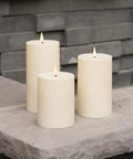 Waterproof Outdoor Flameless Pillar Candles 3 Pack In Ivory Resin, 3x4, 3x5, And 3x6 Inches, LED Flicker With Remote And Timer