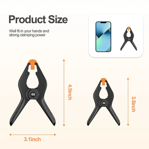 EMART heavy-duty plastic spring clamps, 4.5-inch and 3.5-inch with orange jaws, front view