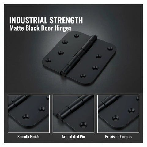 4 Pack 4 Inch Matte Black Metal Door Hinges For Interior Wood Doors With Five Eighths Inch Radius Corners, Rust Proof And Heavy Duty