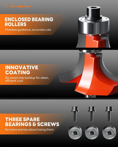 Close-up of Pro Grade 7 Piece Top Bearing Roundover Router Bit Set With Quarter Inch Shank Carbide Inserts Two Flute Corner