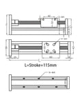 Precision Manual Linear Shaft Actuator Table Kit With Nema 23 57 Stepper Motor technical diagram showing dimensions and mounting details.