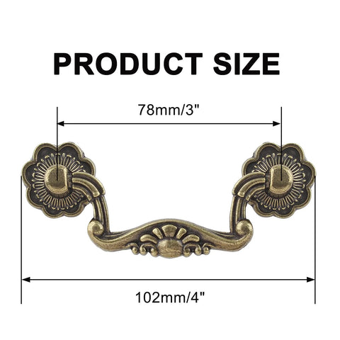 Six Piece Set Of Vintage Drop Bail Drawer Pulls In Antique Bronze Finish, 3 Inch Hole Spacing And 4 Inch Total Length with size dimensions