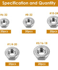Built Tough 105 Piece Serrated Flange Hex Lock Nut Assortment Kit In Rust Resistant 304 Stainless Steel with sizes #6-32, #8-32, #10-24, #1/4-20, #5/16-18.