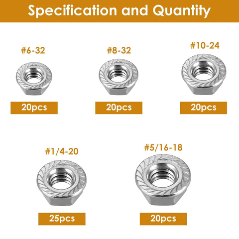Built Tough 105 Piece Serrated Flange Hex Lock Nut Assortment Kit In Rust Resistant 304 Stainless Steel with sizes #6-32, #8-32, #10-24, #1/4-20, #5/16-18.