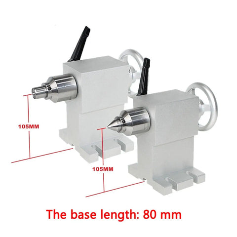 Heavy Duty CNC Tailstock For 4Th Rotary A Axis Build displays two precision tailstocks measuring 105mm height, 80mm base, ideal for engraving.