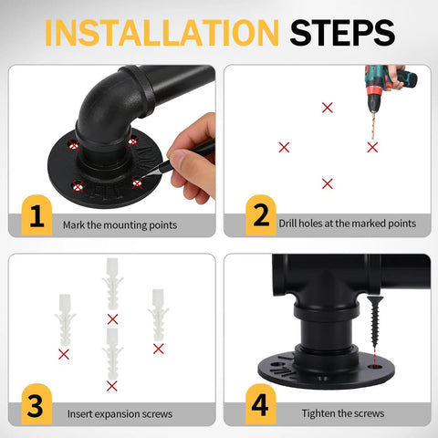 Installation steps for Heavy Duty Four Foot Iron Stair Handrail In Matte Black Finish Rust Resistant Body for quick setup.