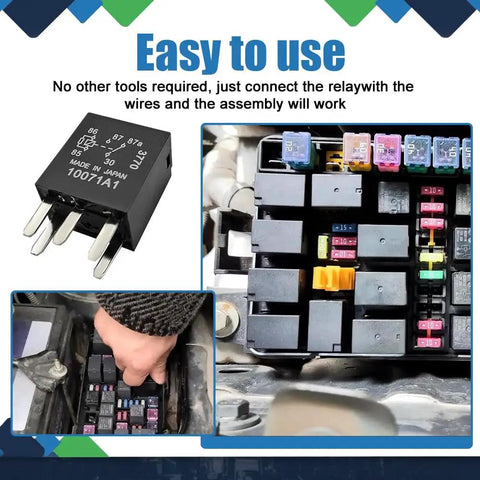 Heavy Duty 5 Pin 12 Volt 30 Amp Automotive Relay 2 Pack Bullet Proof Multi Purpose Car Switch displayed in engine compartment, easy installation.