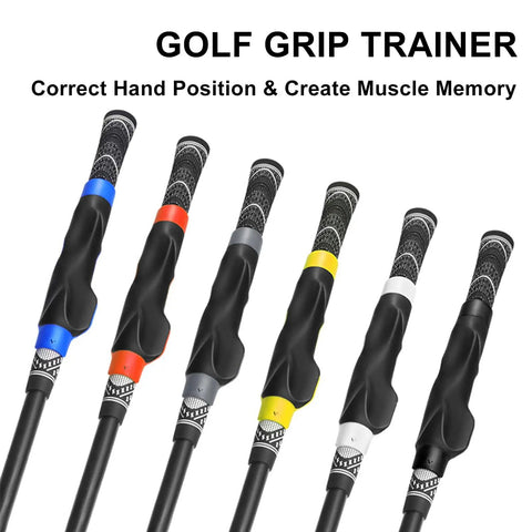 Grip Trainer For Right Hand Golfers, Molded Training Aid to Fix Swing, black handles with color bands displayed.