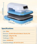 Professional Electric Heat Press Machine Blue White Large Capacity For T Shirts Hoodies Professional Sublimation Heat Press For Htv Vinyl And Diy Craft Projects Big Work Area side view with specifications