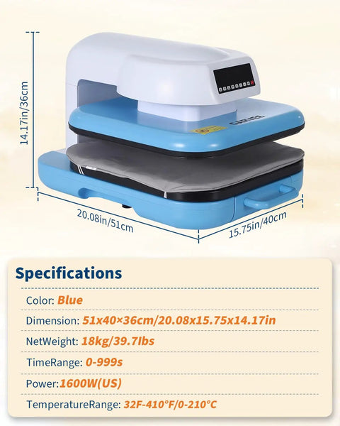Professional Electric Heat Press Machine Blue White Large Capacity For T Shirts Hoodies Professional Sublimation Heat Press For Htv Vinyl And Diy Craft Projects Big Work Area side view with specifications