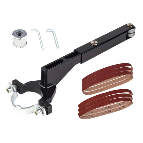 Heavy Duty Angle Grinder Belt Sander Attachment Kit With Six Pack Aluminum Oxide Sanding Belts For Wood Metal And Steel Finishing Projects Smooth Results Every Time, featuring a black aluminum adapter and sanding belts.