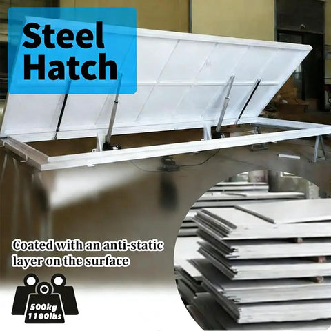 Top Shelf Recessed Basement Entry Door And Invisible Crawl Space Access Panel Featuring A Seamless Floor Hatch open, steel construction, anti-static coated.