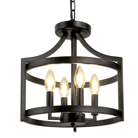 4 Light Modern Farmhouse Ceiling Chandelier Matte Black Open Cage Pendant Lighting Convertible Semi Flush Mount For Dining Room Kitchen Foyer Entryway Rustic Charm