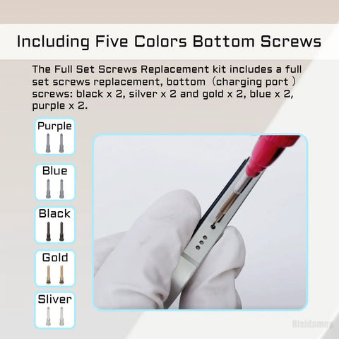 Detail of Total Knockout Complete Screw Set For iPhone 14 Plus with five color options for bottom screws.