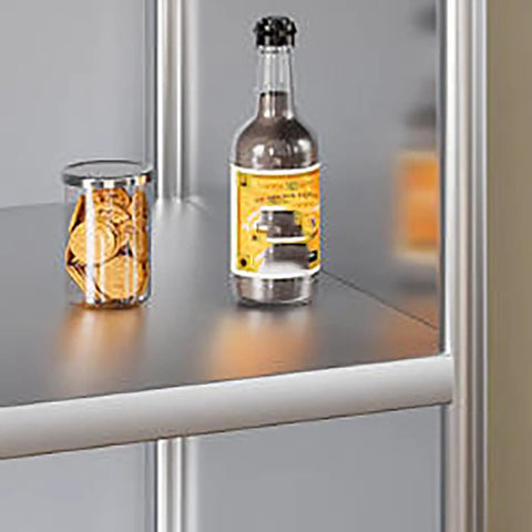 Tough As Nails Heavy Duty Stainless Steel Shelving Rack Featuring Rustproof Construction And Slick Metal Storage Organizer For Commercial Kitchen Warehouse Or Garage Setup with a glass and bottle on a shelf.