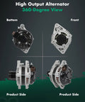 Alternator For Toyota RAV4 2006 2007 2008 V6 Three Point Five Liter 12 Volt 130 Amp Clockwise Rotation With Seven Groove Clutch Pulley Replacement OE 11323 104210 2090 104210 2120 27060 31140 Ready To Install, showing front, bottom, and side views.
