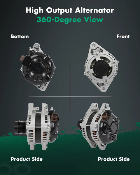 Alternator For Toyota RAV4 2006 2007 2008 V6 Three Point Five Liter 12 Volt 130 Amp Clockwise Rotation With Seven Groove Clutch Pulley Replacement OE 11323 104210 2090 104210 2120 27060 31140 Ready To Install, showing front, bottom, and side views.