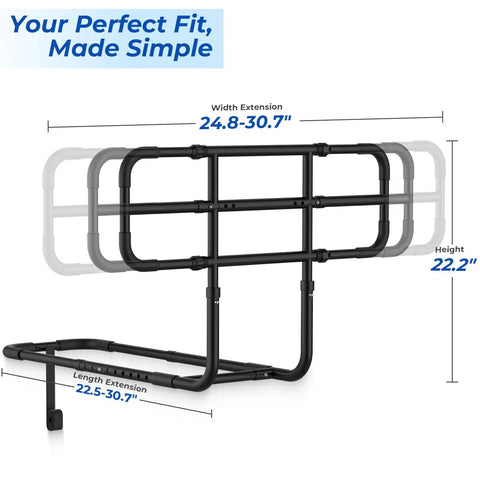 Diagram of Extendable Bed Rail With Storage Bag And Tool Free Setup For Seniors And Recovery Patients showing extensions