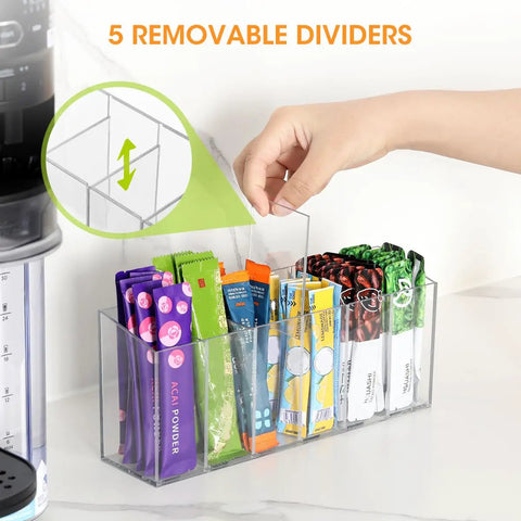 Game Changing Drink Packet Organizer With Adhesive And Magnet Mount For Fridge Cabinet Featuring Slide Out Dividers with removable dividers and assorted drink packets.