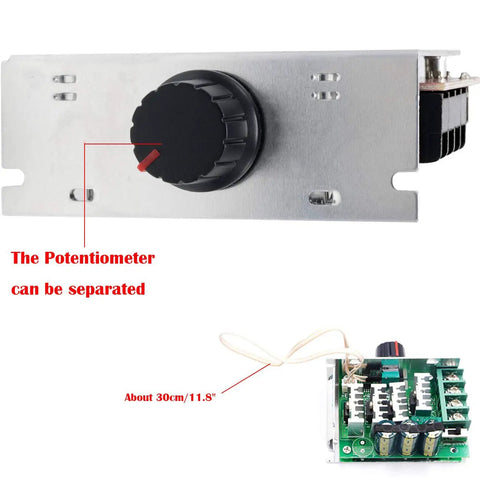 Front view of 7-80V PWM DC Motor Speed Controller Switch 30A with adjustable potentiometer detail and internal circuitry exposed.