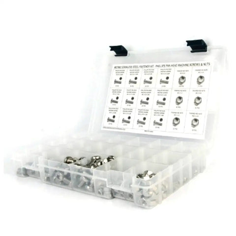Stainless Steel Phillips Pan Head Machine Screws And Nuts Kit, M2 To M8, 751 Piece Assortment With Hex Nuts, Hand Picked For DIY Projects, Silver Finish, Heavy Duty Hardware Essentials in a labeled plastic organizer box.
