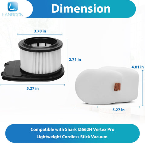 2 Pack HEPA Filter Kit For IZ662H IZ640H IZ631H WZ531H IZ682H Vertex Pro Lightweight Cordless Stick Vacuum Replacement XHFIZ500 XFFKIZ600 Includes 6 Foam And Felt Filters - dimensions and features of filters