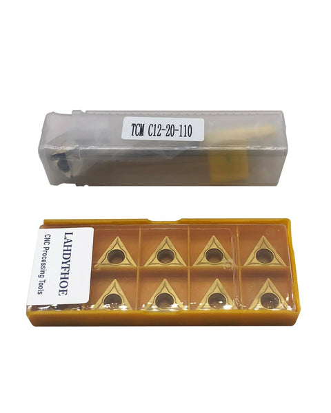 LAHDYFHOE 1/2-inch shank chamfering tool holder with 10 TCMT32.51 carbide inserts in a yellow plastic case