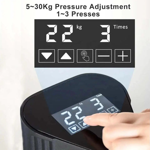 Digital display of 58Mm Led Display Electric Espresso Tamper showing 22 kg pressure setting and controls.