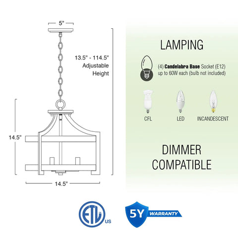Woodrow 15 Inch Industrial Farmhouse Pendant Light With Convertible Semi Flush Mount dimensions and lamping details