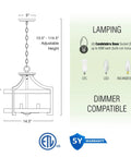 Diagram of Farmhouse 3-Light Industrial Pendant Light With Wood And Metal Drum Shade showing dimensions and bulb types.