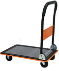 Smooth Rolling Heavy Duty Hauler Boasting 330 Pound Capacity And 360 Swivel Silent Wheels Makes Moving Gear A Breeze Grab This Solid Orange Platform Dolly That Unfolds Quickly Anywhere You Go, with a black rubberized deck and handle.