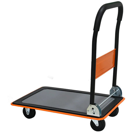 Smooth Rolling Heavy Duty Hauler Boasting 330 Pound Capacity And 360 Swivel Silent Wheels Makes Moving Gear A Breeze Grab This Solid Orange Platform Dolly That Unfolds Quickly Anywhere You Go, with a black rubberized deck and handle.