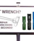Billboard displaying Complete Hinge Repair Kit for Sagging Doors with tools HA1D, HA2, HA3D, HA4D, and illustration of a door hinge.