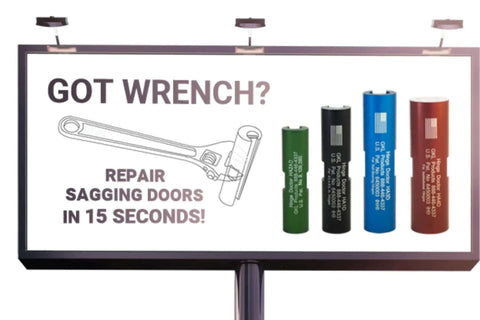Billboard displaying Complete Hinge Repair Kit for Sagging Doors with tools HA1D, HA2, HA3D, HA4D, and illustration of a door hinge.