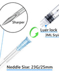 Image of 25 Pack 3ml 23G Lab Syringes With Luer Lock, showing sharp needle, clear measurements, and Luer lock connection.