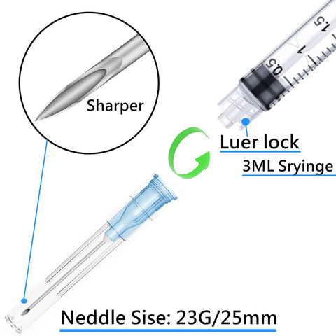 Image of 25 Pack 3ml 23G Lab Syringes With Luer Lock, showing sharp needle, clear measurements, and Luer lock connection.