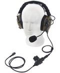 Rock Solid Military Tactical Noise Cancelling Headphone With U94 Ptt Boom Mic For Two Pin Radios and Airsoft Gear, displayed on a mannequin head.